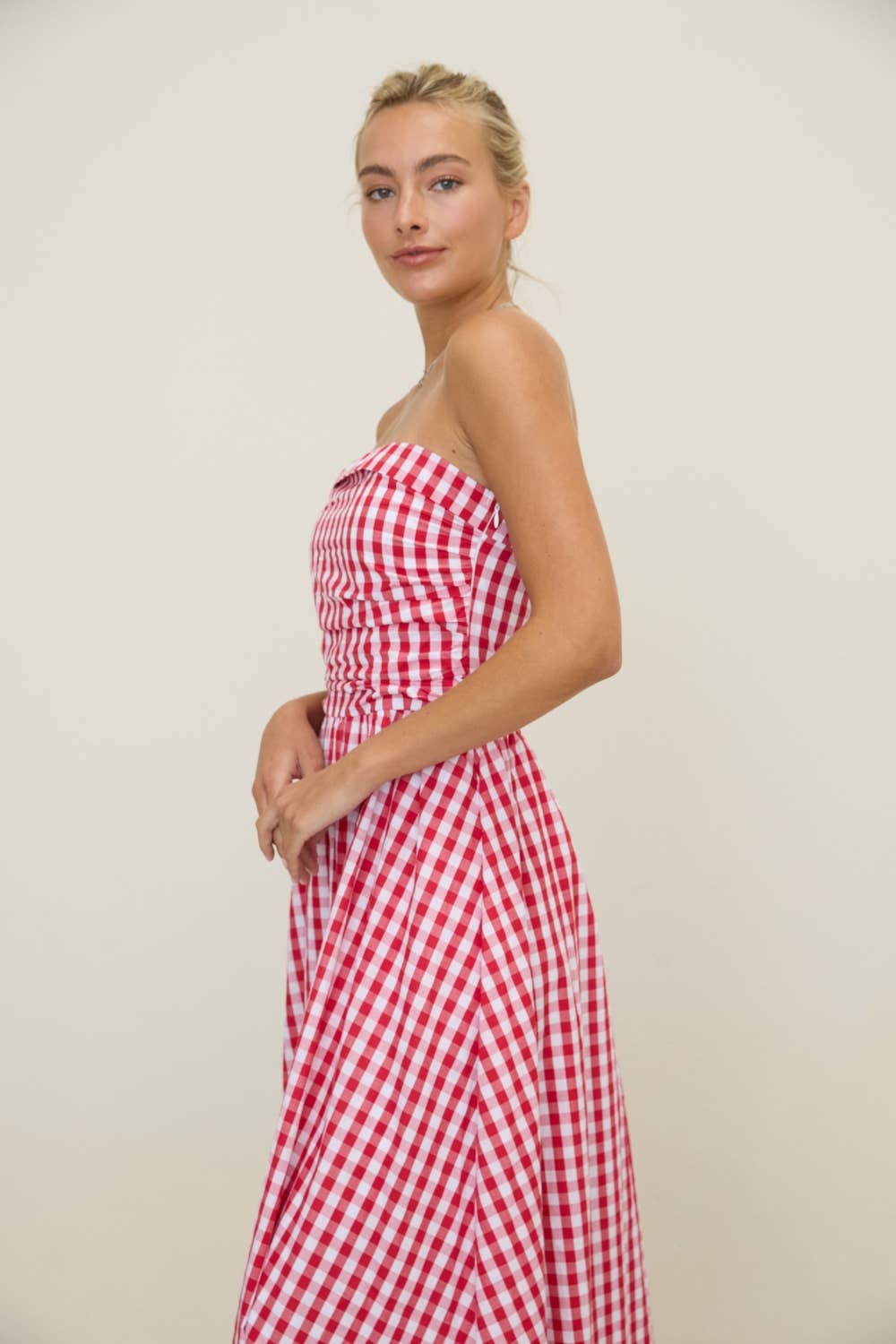 Red Gingham Spaghetti Strap Midi Dress