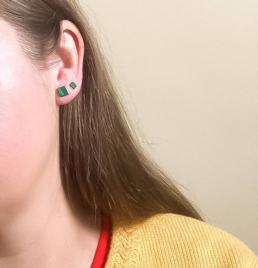Tiny Square Studs in Green Malachite
