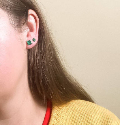 Tiny Square Studs in Green Malachite
