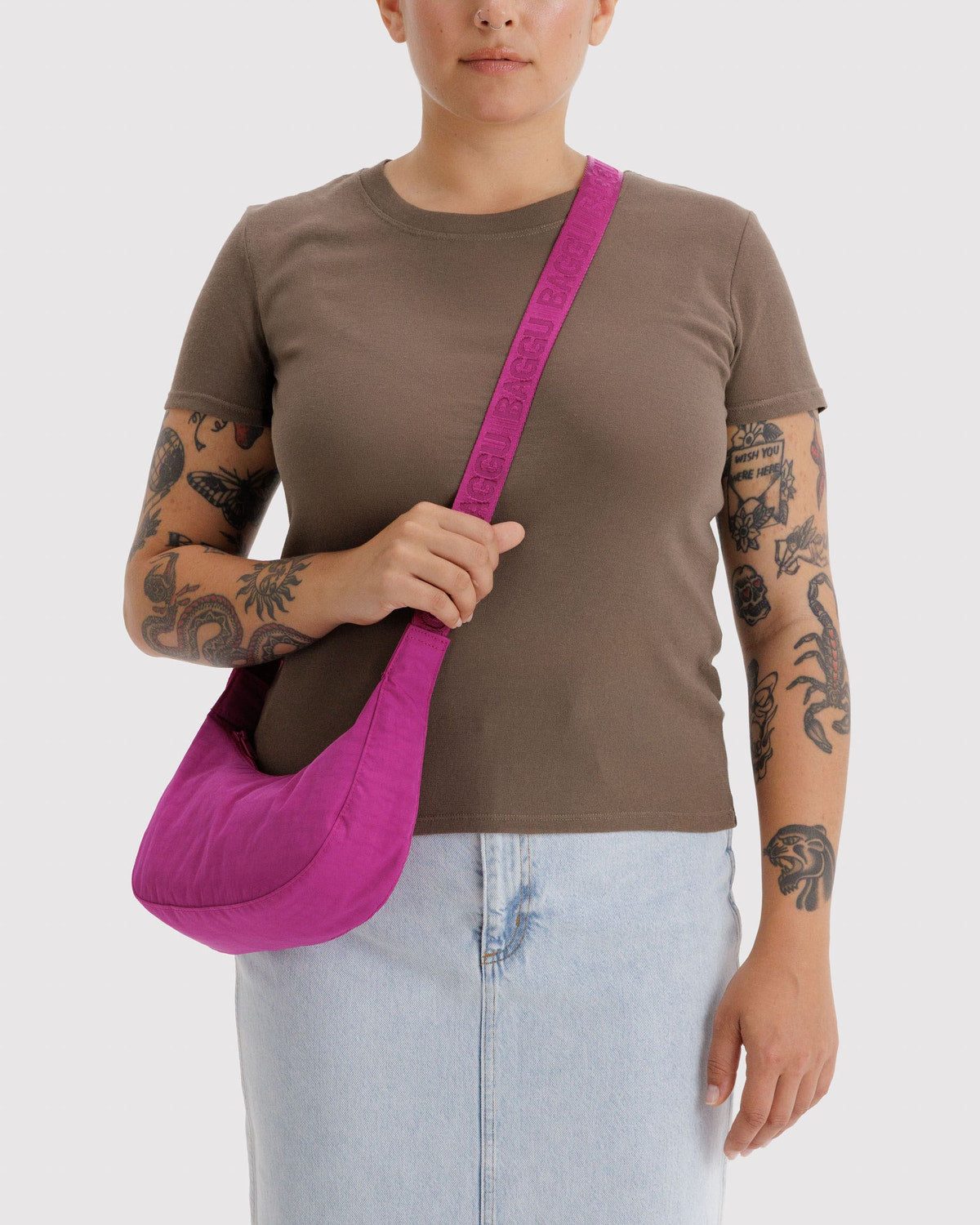 BAGGU Small Nylon Crescent Bag in Deep Fuchsia