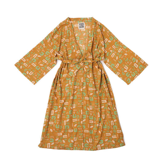 Handwoven Cotton Kimono-Style Robe - Agave Print on Mustard