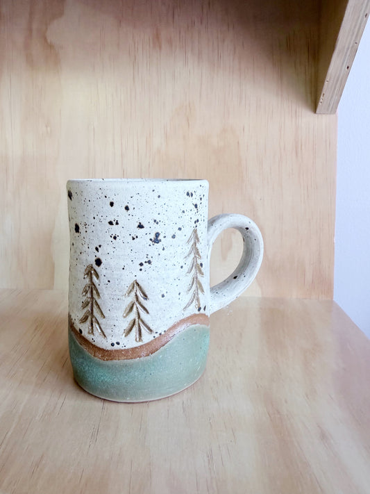 Hand-thrown Carved Pine Tree Mugs by Beth - Made in Stoughton!