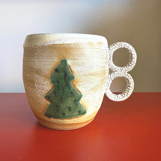 Hand-Thrown Ceramic Mug with Double Handle and Evergreen Tree - Made in Stoughton!