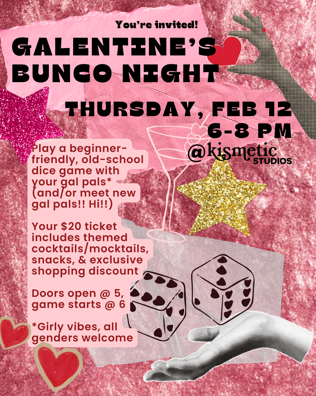 Galentine's Bunco Night: Thurs 2/12, 6-8pm