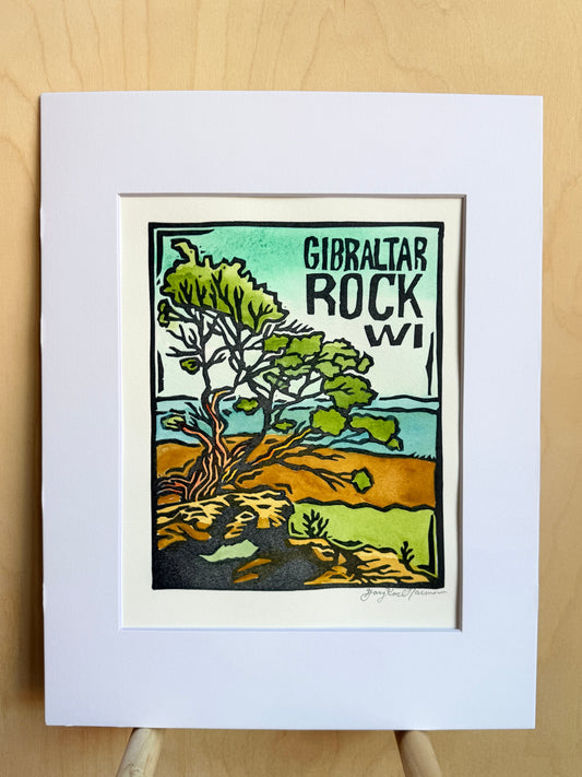 Gibraltar Rock Hand-Colored Linocut Print by Stoughton Artist Gary Karl Nauman