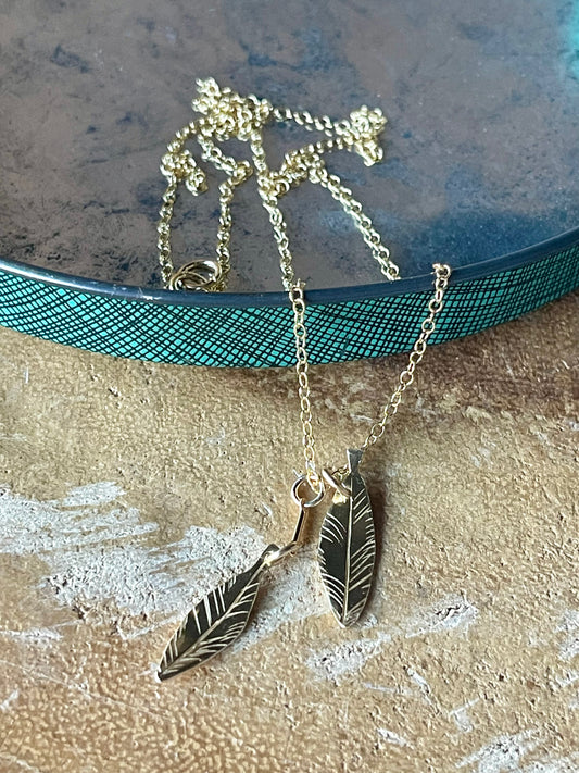 Double Brass Feathers on Dainty Chain Necklace