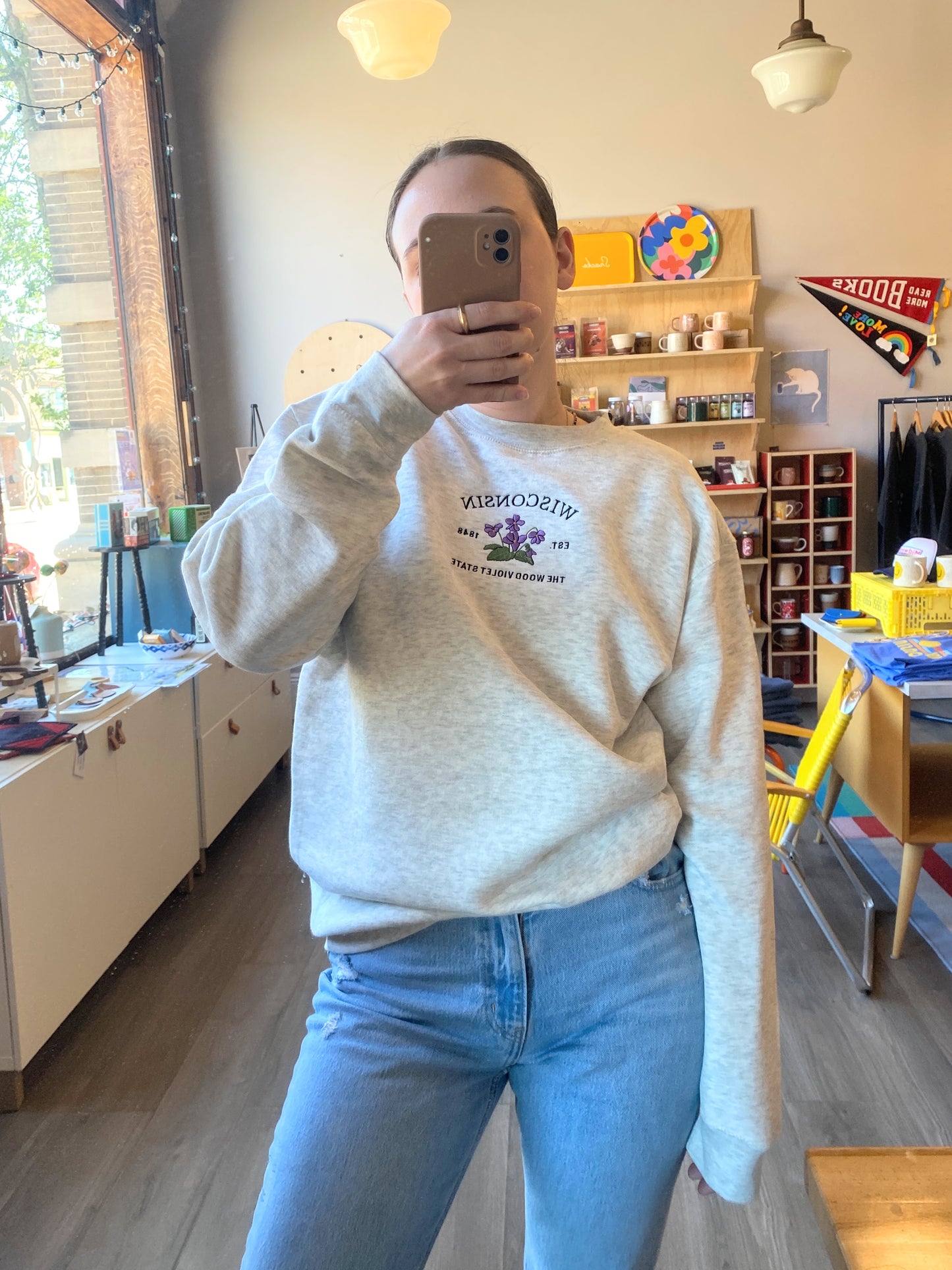 Sun Milk Wisconsin Wood Violet Embroidered Crewneck Sweatshirt