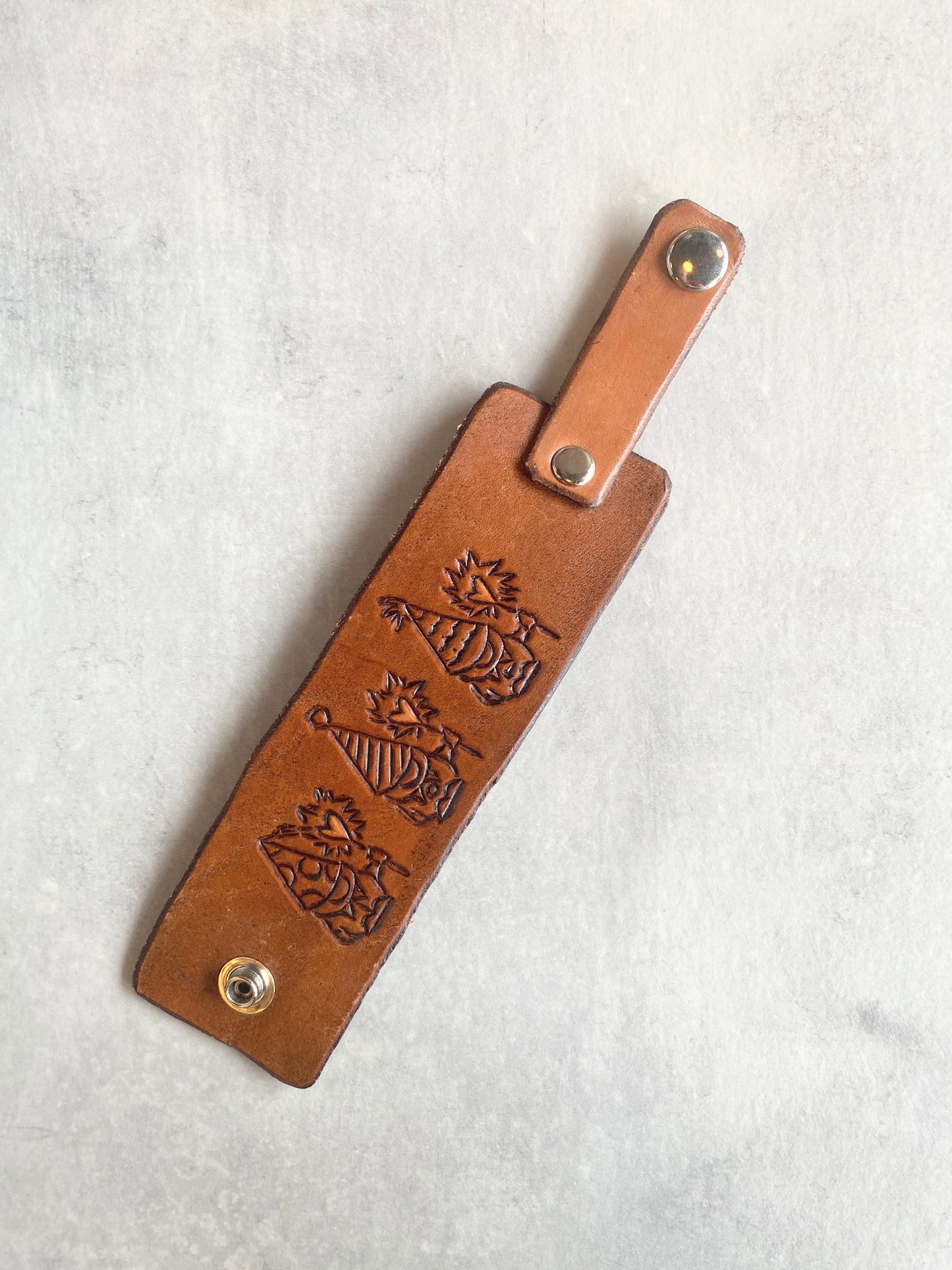 "Party Gnomes" Hand-tooled Leather Cuff Bracelet by Lara