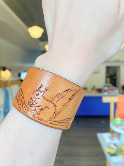 "Squirrel on a Branch" Hand-tooled Leather Cuff Bracelet by Lara