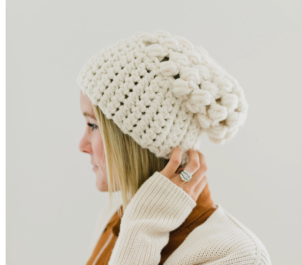 Hand-Crocheted Slouch Beanie in Cream