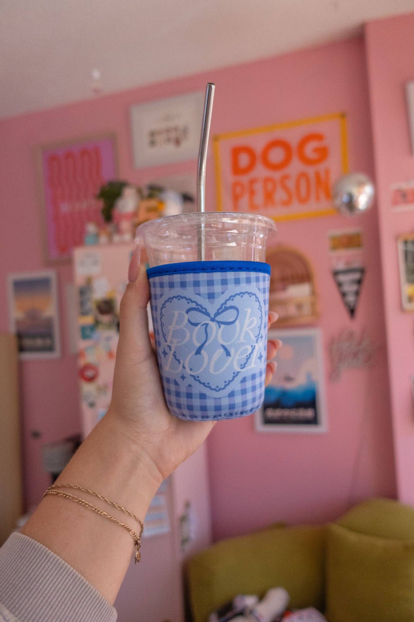 "Book Lover" Blue Gingham Coffee Sleeve