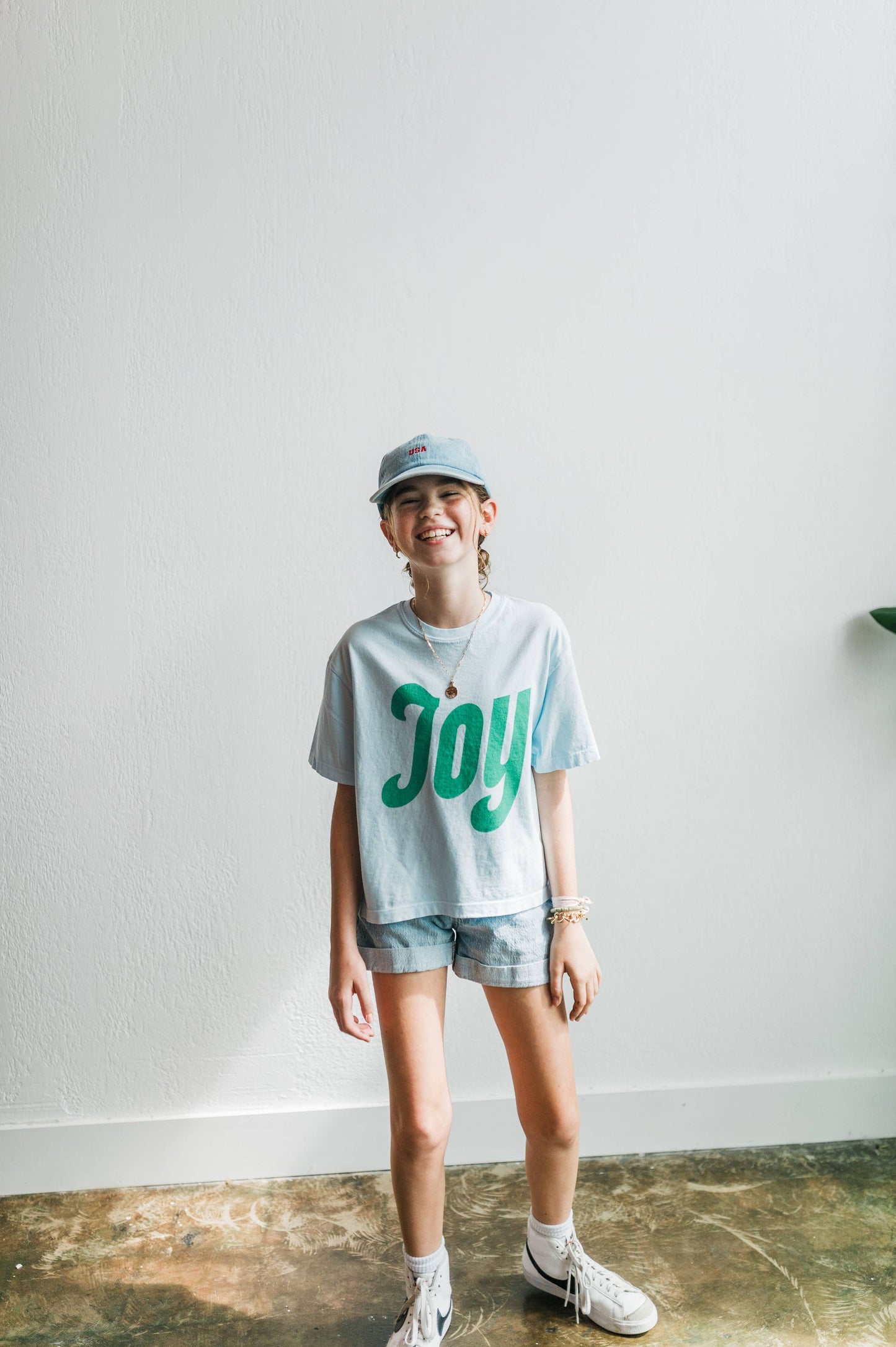 "Joy" Chambray and Seafoam Boxy Crop Tee