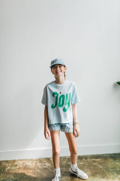 "Joy" Chambray and Seafoam Boxy Crop Tee