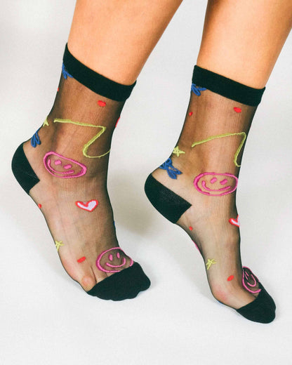 Happy Doodles Sheer Ankle Sock by Hannah Packer (Women's Sizing)