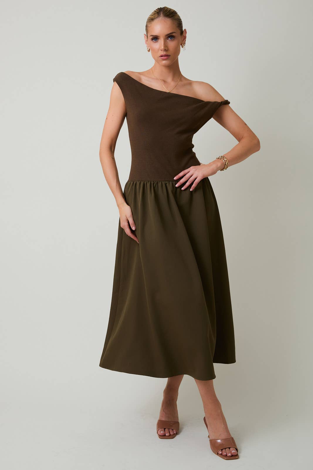 Twist Detail Boatneck Mixed Media Dress in Deep Olive