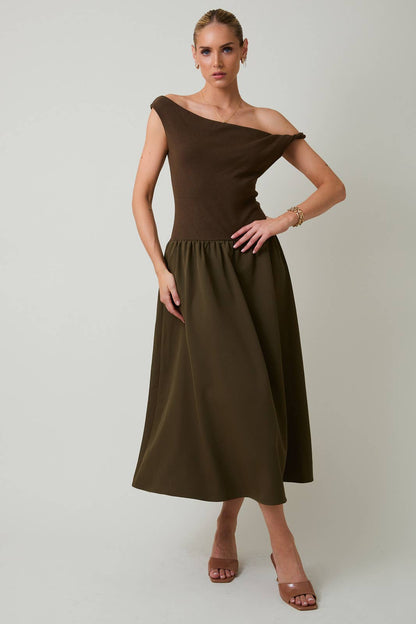 Twist Detail Boatneck Mixed Media Dress in Deep Olive