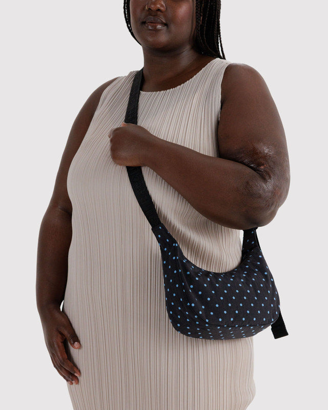 BAGGU Small Nylon Crescent Bag in Black and Sky Blue Micro Dot
