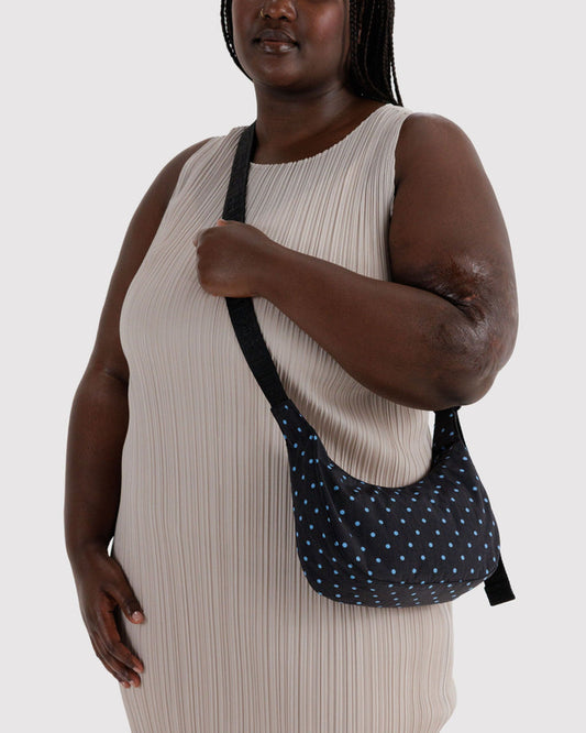 BAGGU Small Nylon Crescent Bag in Black and Sky Blue Micro Dot