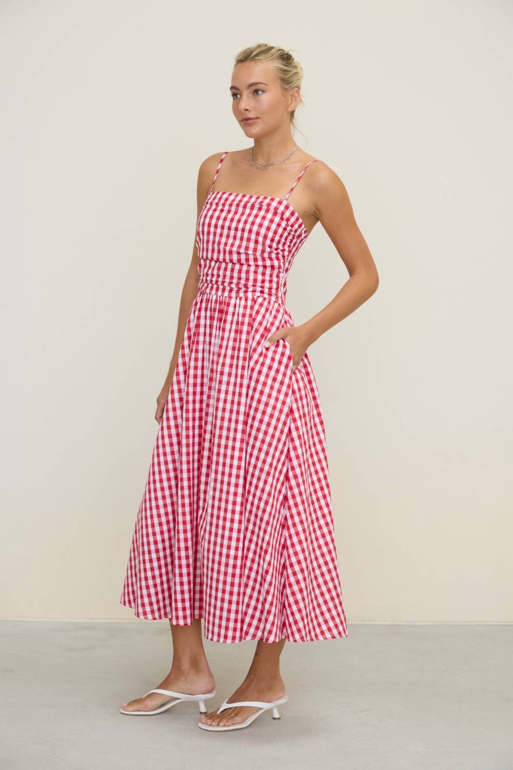 Red Gingham Spaghetti Strap Midi Dress