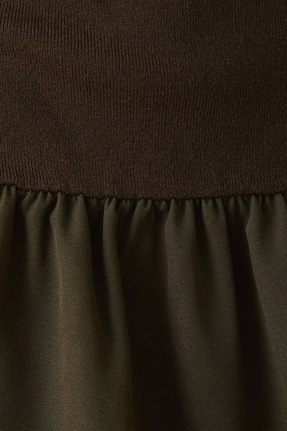 Twist Detail Boatneck Mixed Media Dress in Deep Olive