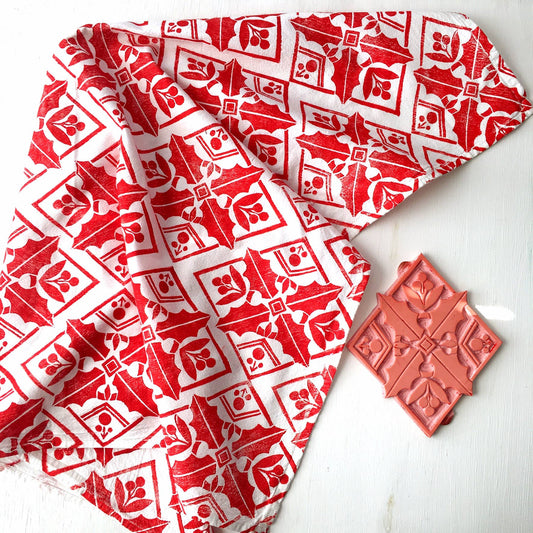 "Holly Diamonds" Hand Block Printed Tea Towel - Red