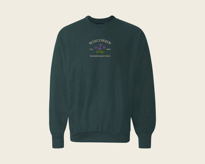 Sun Milk Wisconsin Wood Violet Embroidered Crewneck Sweatshirt - Forest Green