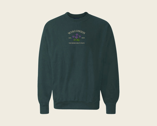 Sun Milk Wisconsin Wood Violet Embroidered Crewneck Sweatshirt - Forest Green