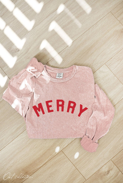 "Merry" Mineral Washed Long Sleeve Graphic Tee in Soft Pink