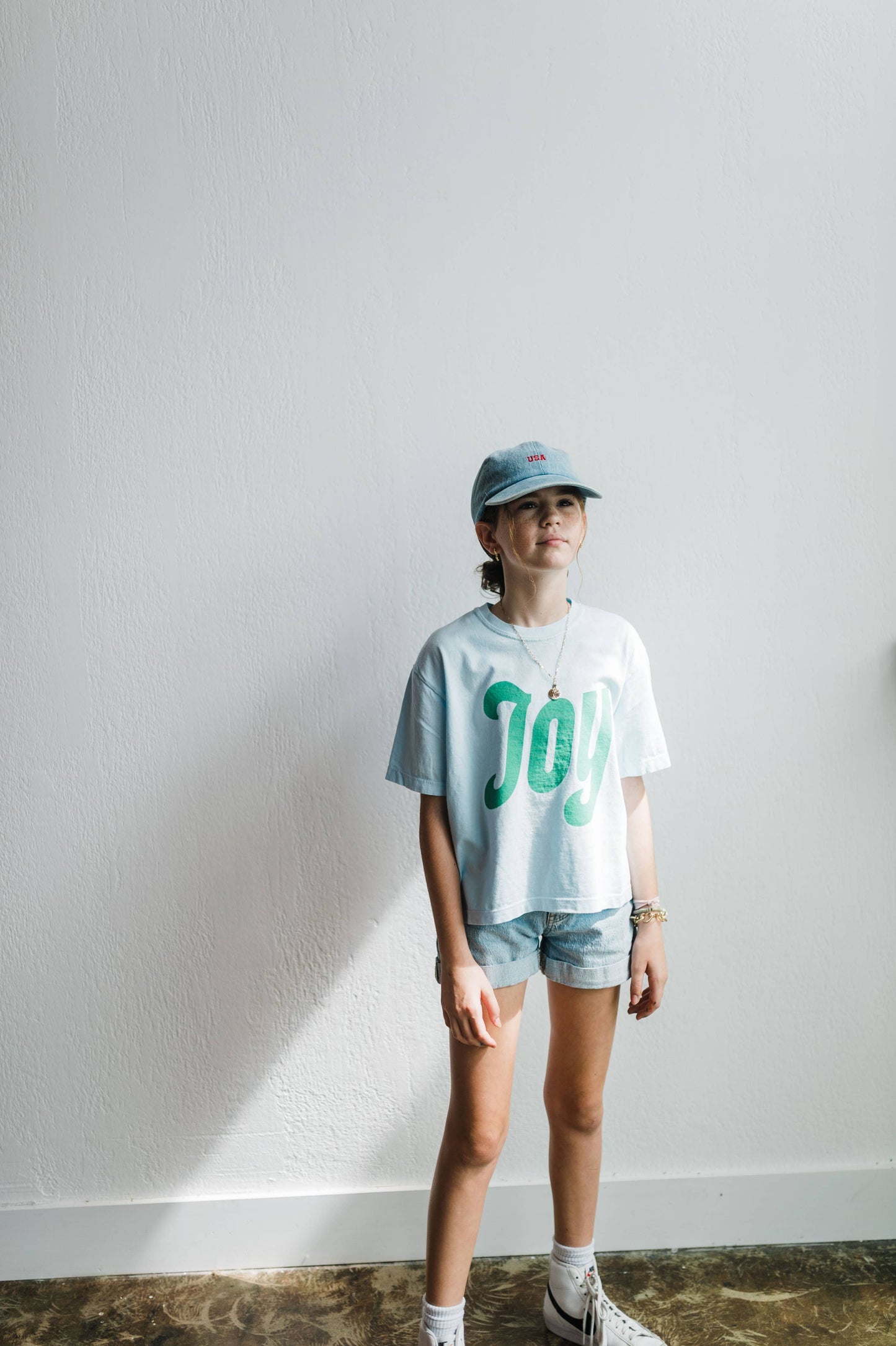"Joy" Chambray and Seafoam Boxy Crop Tee