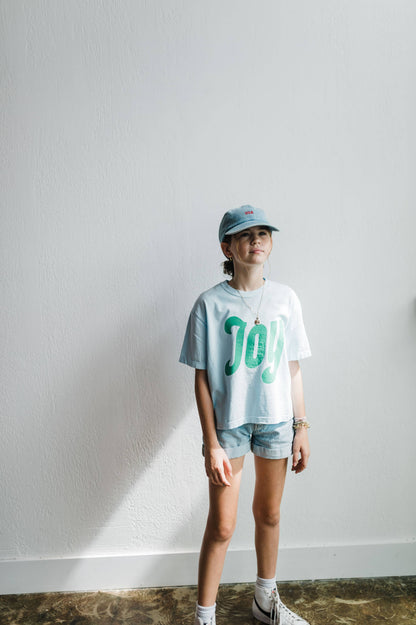 "Joy" Chambray and Seafoam Boxy Crop Tee