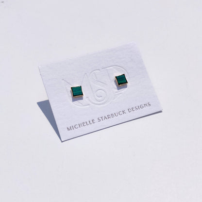 Tiny Square Studs in Green Malachite