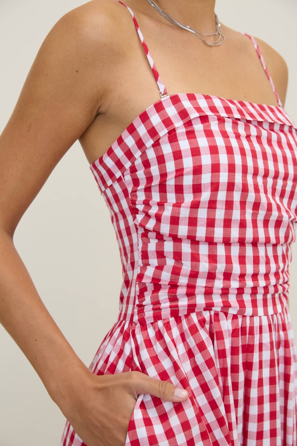 Red Gingham Spaghetti Strap Midi Dress