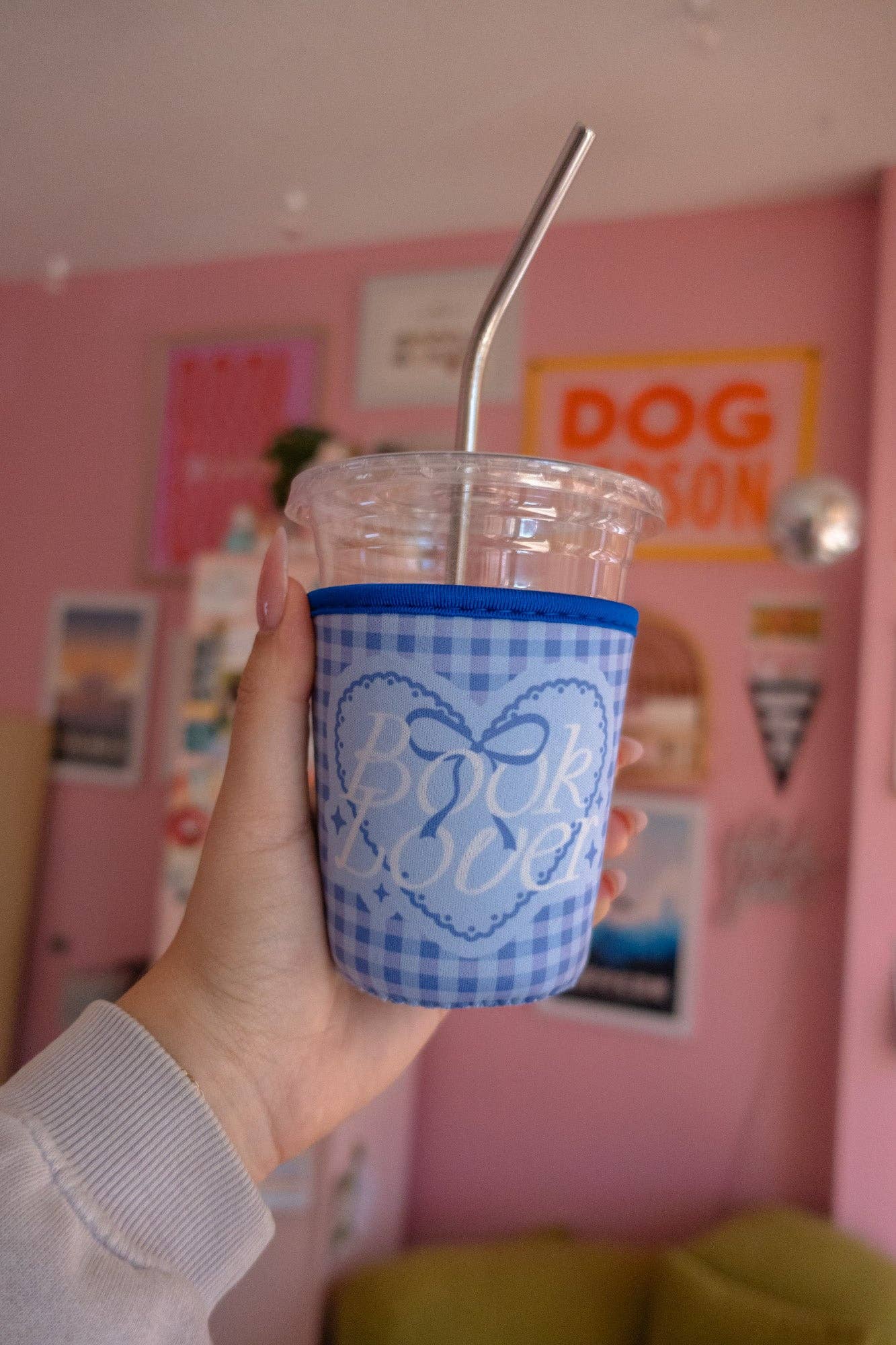 "Book Lover" Blue Gingham Coffee Sleeve
