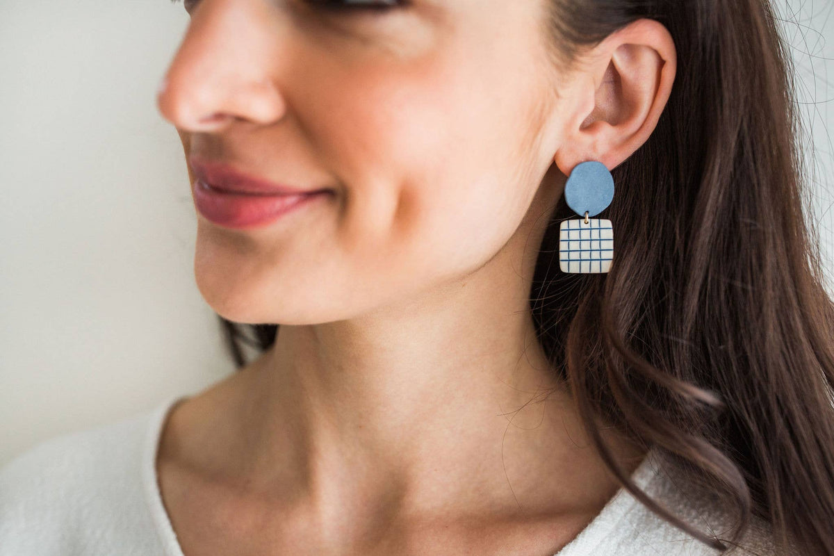 Lattice Porcelain Drop Earrings in Thistle Blue by Jenna Vanden Brink
