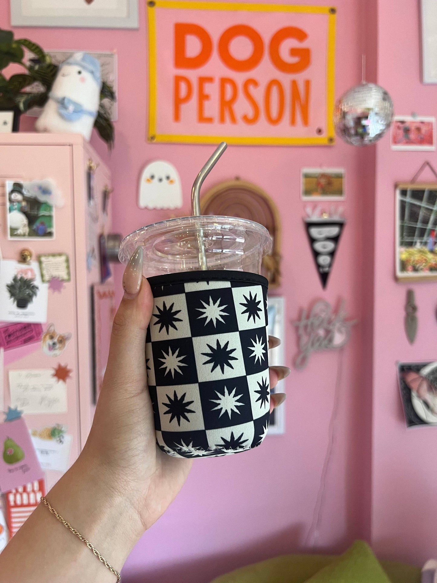 Black and White Star Checkered Coffee Sleeve