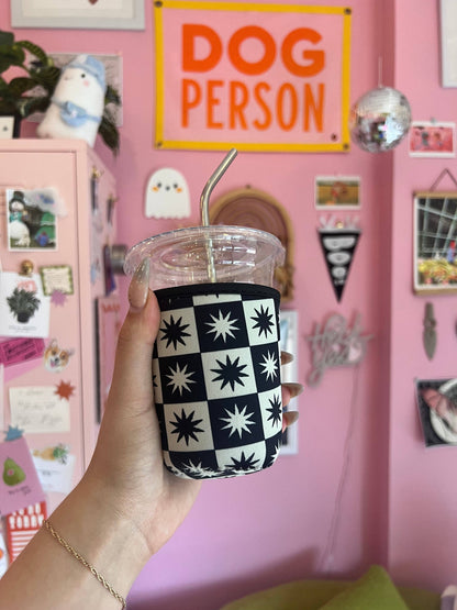 Black and White Star Checkered Coffee Sleeve