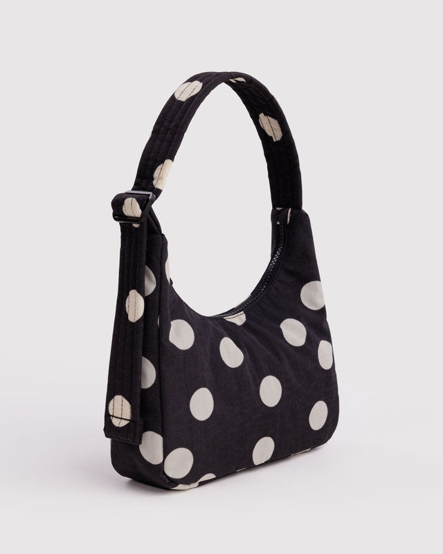 BAGGU Mini Nylon Shoulder Bag in Black and Cream Polka Dot