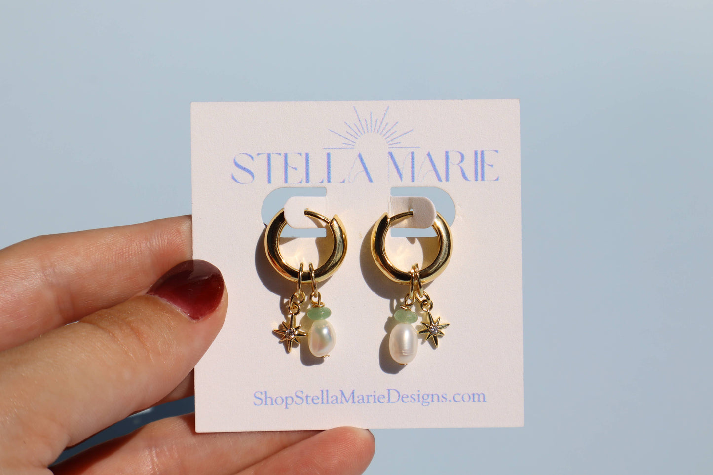 18k Gold Fill Charm Chunky Hoop Earrings - Green Aventurine and Pearl