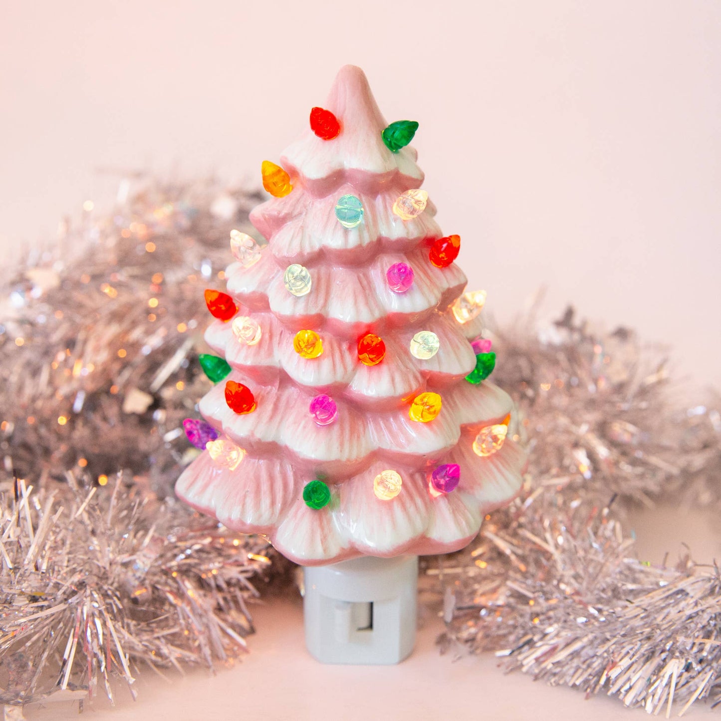 Vintage Ceramic Christmas Tree Night Light | Retro Pink
