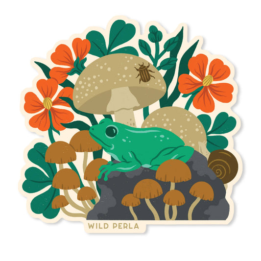 Forest Frog And Mushrooms Vinyl Sticker