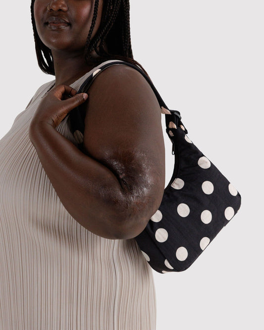 BAGGU Mini Nylon Shoulder Bag in Black and Cream Polka Dot