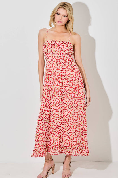 "Cherry On Top" Print Ruched Bust Midi Dress