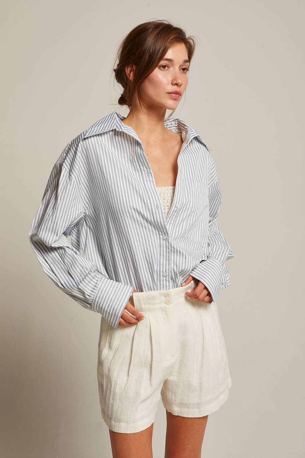 Oversized Striped Button-Down Shirt - Mist