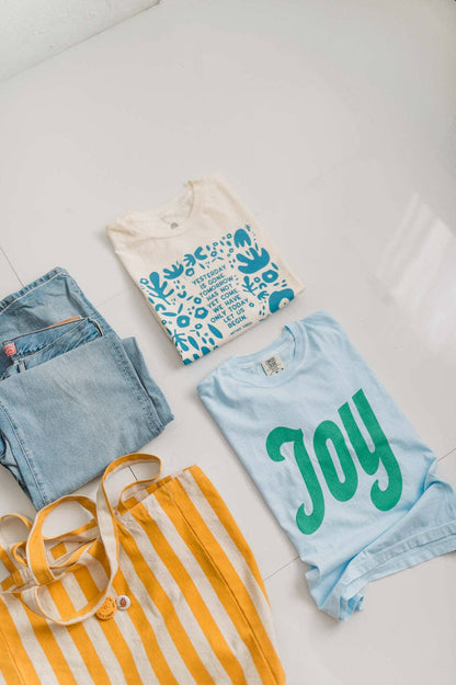 "Joy" Chambray and Seafoam Boxy Crop Tee