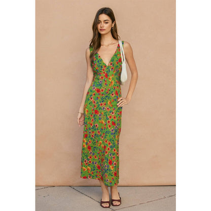 "Wildflower Rush" Grass Green Bias Cut Midi Dress
