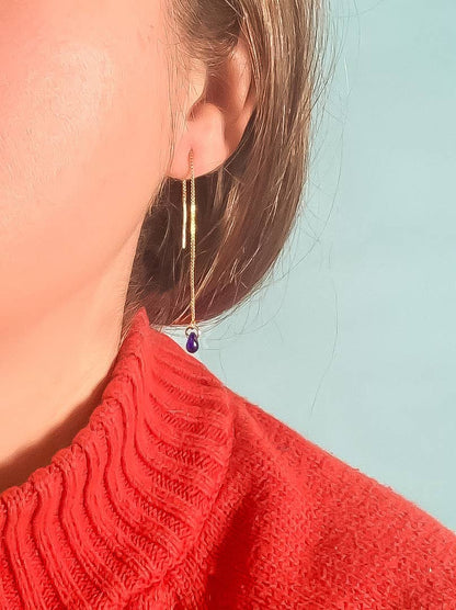 Cobalt Glass Teardrop Threader Earrings