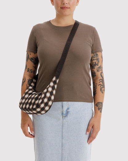 BAGGU Small Nylon Crescent Bag in Blurred Gingham Brown