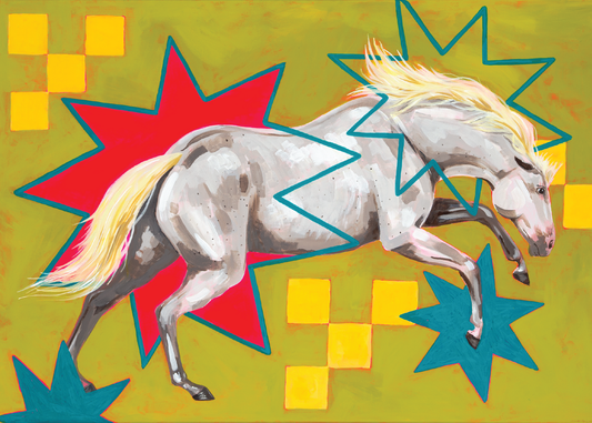 Jumping Horse with Starbursts on Chartreuse Background - 8"x10" Art Print