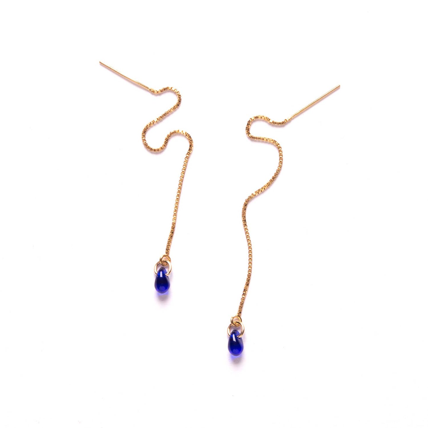 Cobalt Glass Teardrop Threader Earrings