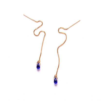 Cobalt Glass Teardrop Threader Earrings